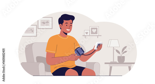 Young man checking blood pressure at home in casual setting
