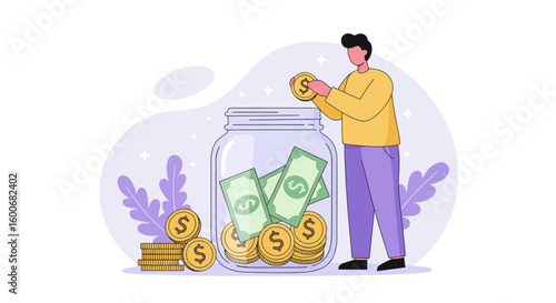 Savings concept: person depositing coins and cash into a large jar