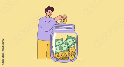 Saving money concept with giant jar filled with cash and coins