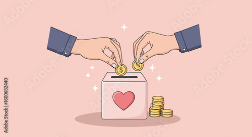 Hands donating money into charity box with heart design on pink backgr