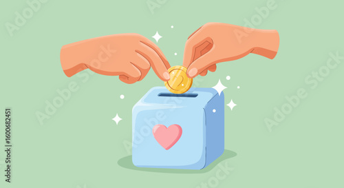 Hands placing coin in donation box with heart symbol on pastel backgro