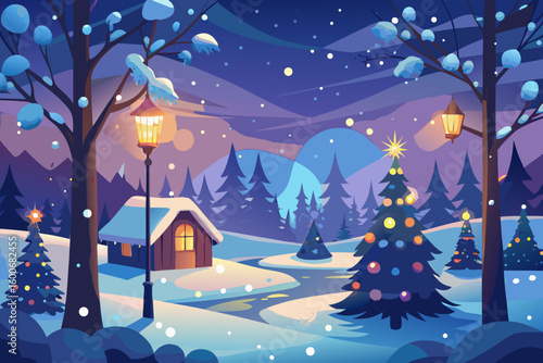 Cozy winter wonderland scene with a snow-covered cabin, glowing street lamp, and festive Christmas trees under a starry night sky, evoking holiday cheer and peaceful solitude.