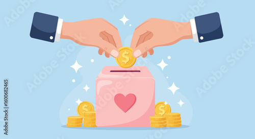 Hands placing coins in heart-emblazoned piggy bank with sparkling back