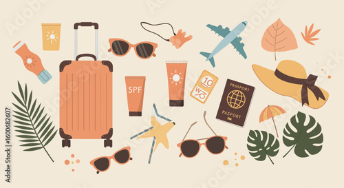 Summer travel essentials with spf, sunglasses, and luggage in flat des
