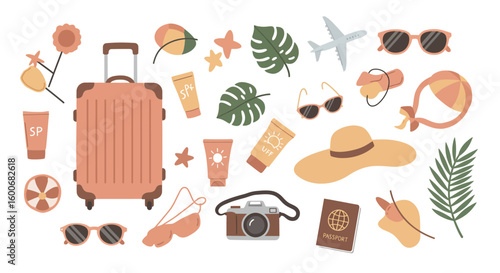 Vacation essentials collection: travel items, accessories, and tropica