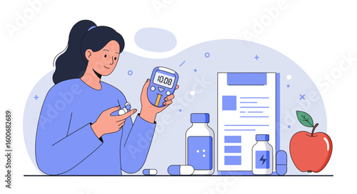 Healthy living: woman checking blood sugar level with digital glucomet