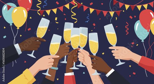 Diverse celebration with champagne toast and festive balloons