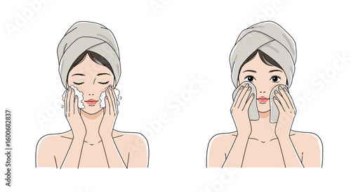 Skincare routine: cleansing foam and towel drying techniques with towe