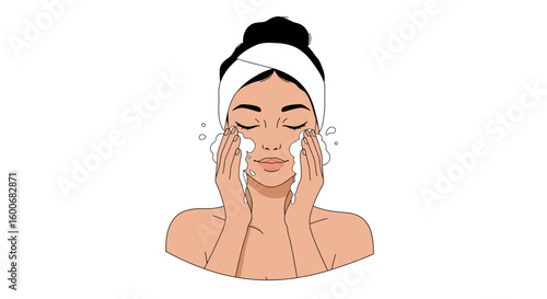 Woman washing face with foam in minimalist style