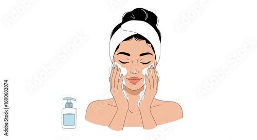 Woman cleansing face with foam and bottle: minimalist beauty skincare