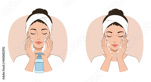 Skincare routine steps: woman applying face cleanser with relaxed expr