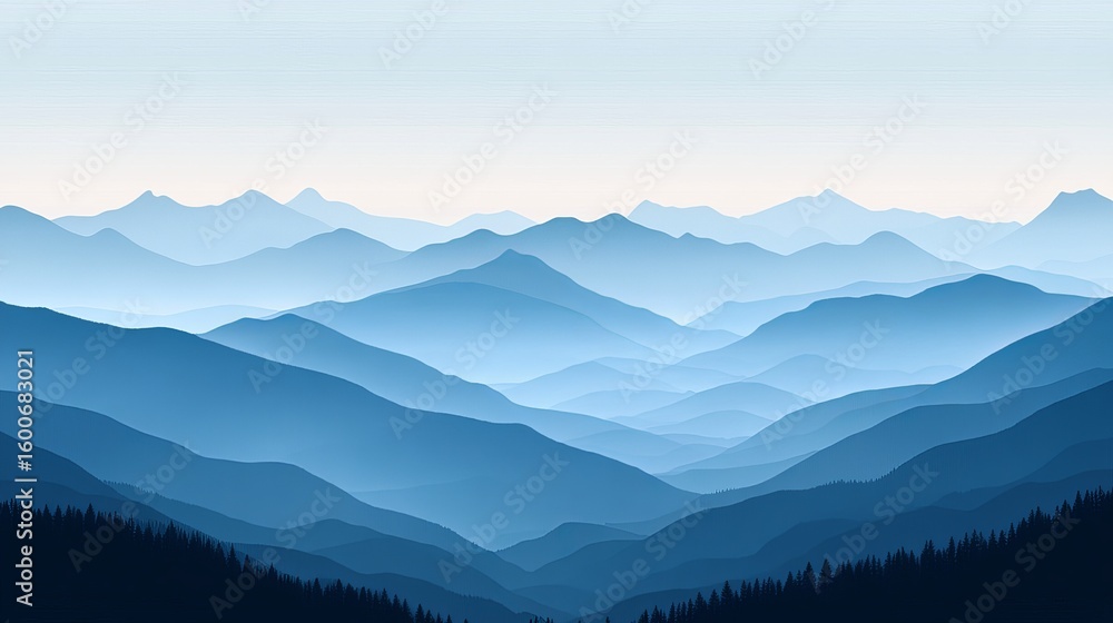 Fototapeta premium Misty mountain range, soft blue tones