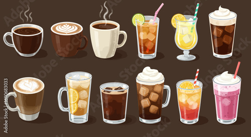 Collection of various hot and cold beverages in charming digital art s