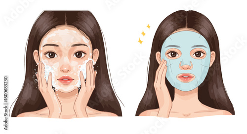 Skincare routine: woman washing face and applying mask in watercolor s