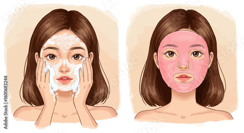 Step-by-step skincare routine: applying cleanser and sheet mask on fac
