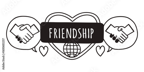Friendship Graphic with Hearts and Globe Illustration on Transparent Background hand drawn style friendship graphic featuring