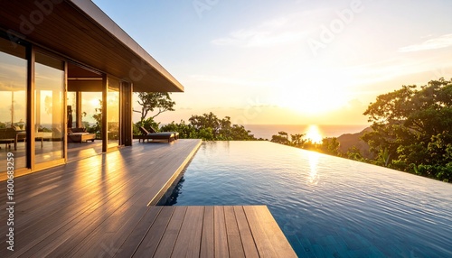 Infinity Pool Sunset: An exquisite infinity pool perfectly blends with the horizon during the setting sun, surrounded by a luxurious wooden deck and breathtaking views of the vast ocean. 