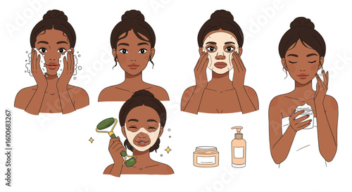 Skincare routine with diverse woman applying products and using jade r