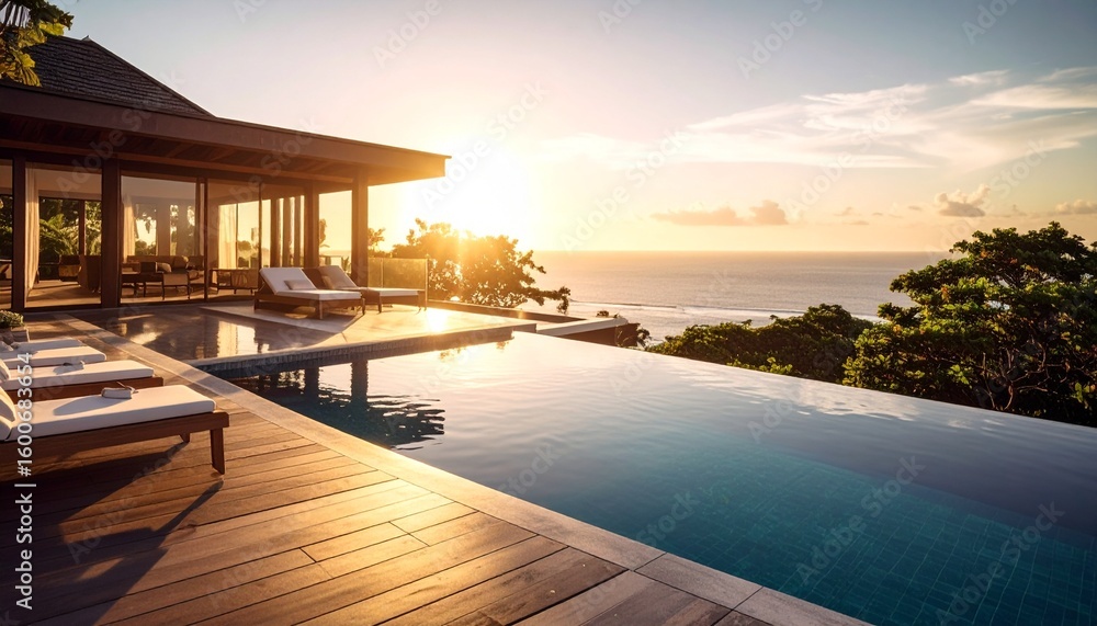 Fototapeta premium Luxury Villa with Pool: A luxurious villa boasts an infinity pool that merges seamlessly with the breathtaking ocean view, kissed by a radiant sunrise.
