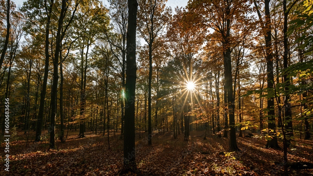 Fototapeta premium Golden light filtering through fall trees