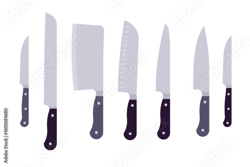 Set of kitchen knives with various blades and black handles. Includes chef knife, cleaver, santoku, serrated and paring knives. Simple illustration, stock flat vector, isolated.