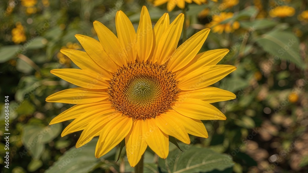 Summer field adorned with a radiant sunflower, close-up shot Summer field adorned with a radiant sunflower, close-up shot