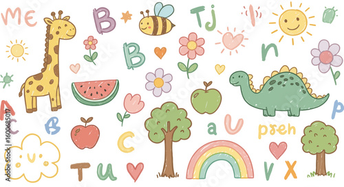 Playful doodle art featuring animals, fruits, and nature elements for