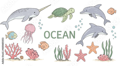 Charming ocean life with cute marine animals and coral elements