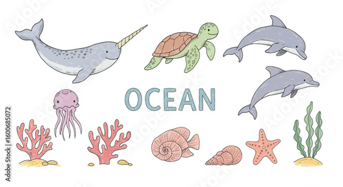 Ocean creatures: playful cartoons of marine animals and coral