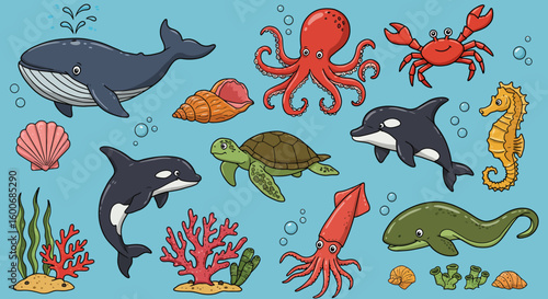 Colorful marine life collection with whales, dolphins, and sea creatur