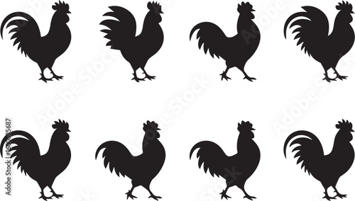 rooster called icon set , rooster crowing in the morning silhouette icon, solid black rooster vector icon, rooster illustration set,