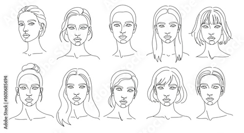 Diverse female portraits in minimal continuous line art style