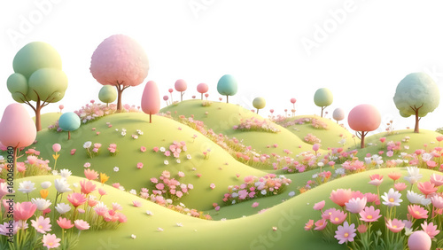 Whimsical pastel landscape, isolated on white background