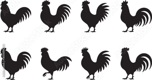 rooster called icon set , rooster crowing in the morning silhouette icon, solid black rooster vector icon, rooster illustration set,