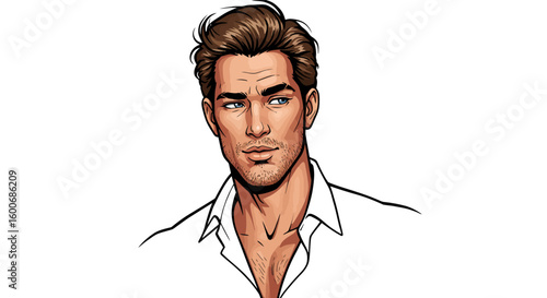 Handsome man in white shirt with stylish hair and thoughtful expressio
