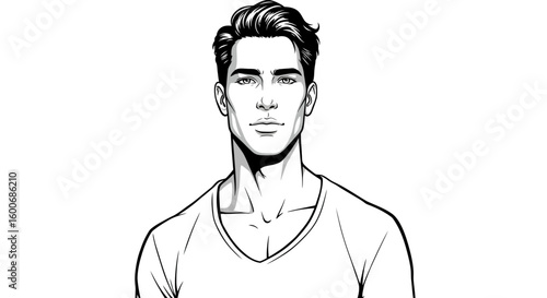 Monochrome portrait of a confident man in v-neck shirt, bold outline s