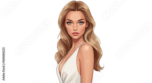 Elegant woman in white dress with long wavy hair on white background