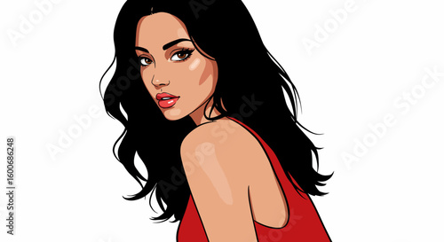 Stylish portrait of a woman with long black hair in red dress
