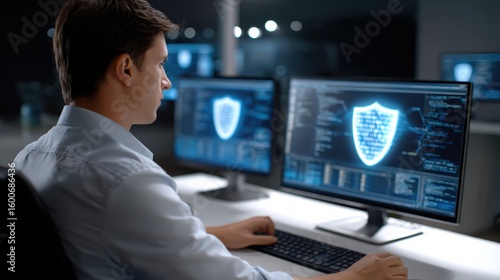 Wallpaper Mural A focused man works on cybersecurity, analyzing code and shield icons on dual monitors in a dark office environment. Torontodigital.ca