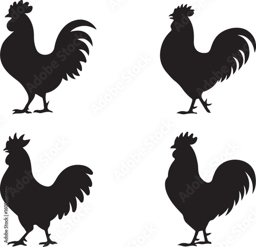 rooster called icon set , rooster crowing in the morning silhouette icon, solid black rooster vector icon, rooster illustration set,