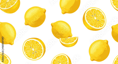 Vibrant lemon pattern with sliced and whole citrus fruits on white bac