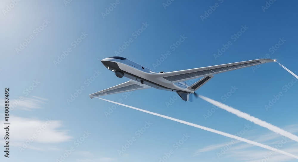 Futuristic Solar-Powered Drone Soaring Through Clear Blue Sky, Leaving Trails. Futuristic Solar-Powered Drone Soaring Through Clear Blue Sky, Leaving Trails.
