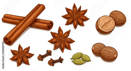 Aromatic spice collection with cinnamon, star anise, cloves, nutmeg, a