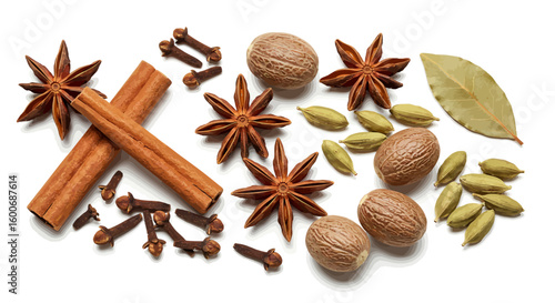 Aromatic spice collection featuring nutmeg, cloves, and star anise on