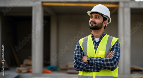 Indian construction site manager standing with folded arms wearing safety vest and helmet, thinking at construction site. Portrait of mixed race manual worker or architect with satisfaction.