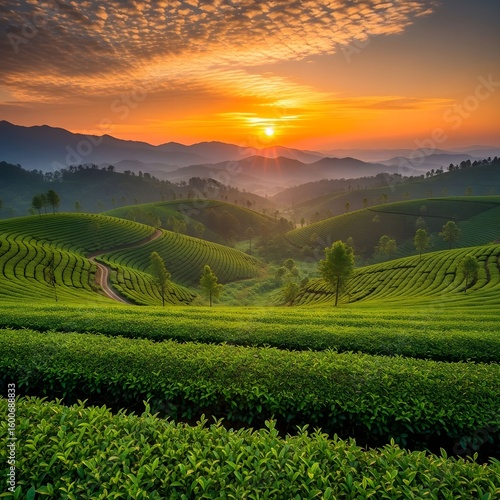 Wallpaper Mural Tea Plantation Hills at Golden Sunset with Dirt Roads and Trees Torontodigital.ca