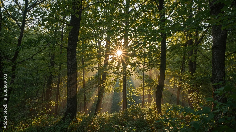Naklejka premium Light beams illuminating branches and leaves