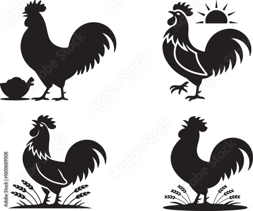 rooster called icon set , rooster crowing in the morning silhouette icon, solid black rooster vector icon, rooster illustration set,
