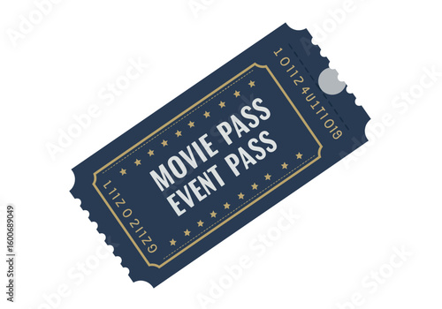 A close-up of a dark blue movie pass with gold text and a perforated edge, isolated on white.