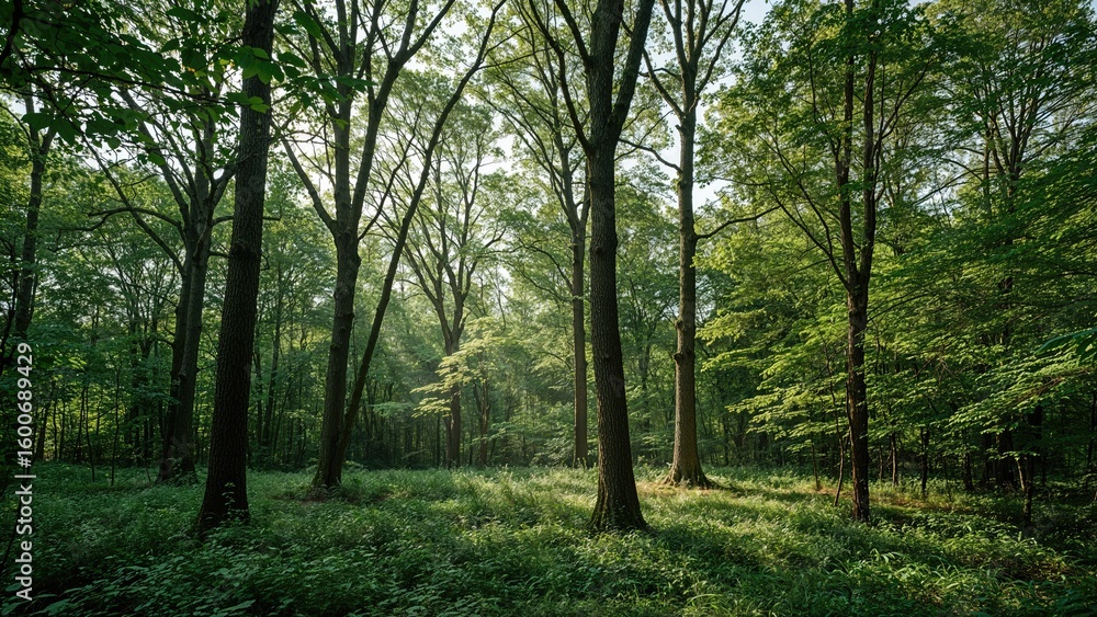 Fototapeta premium Gentle sunlight streaming in a serene forest setting